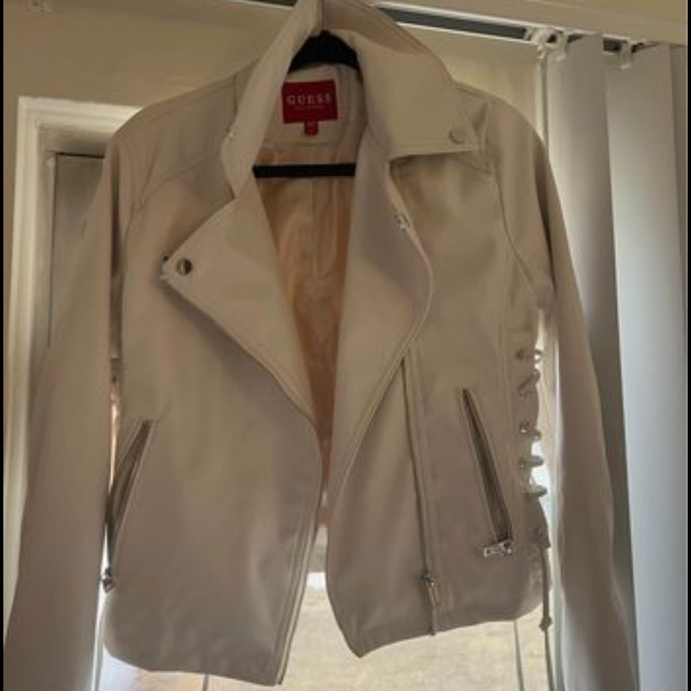 Guess short ish leather jacket with strings!